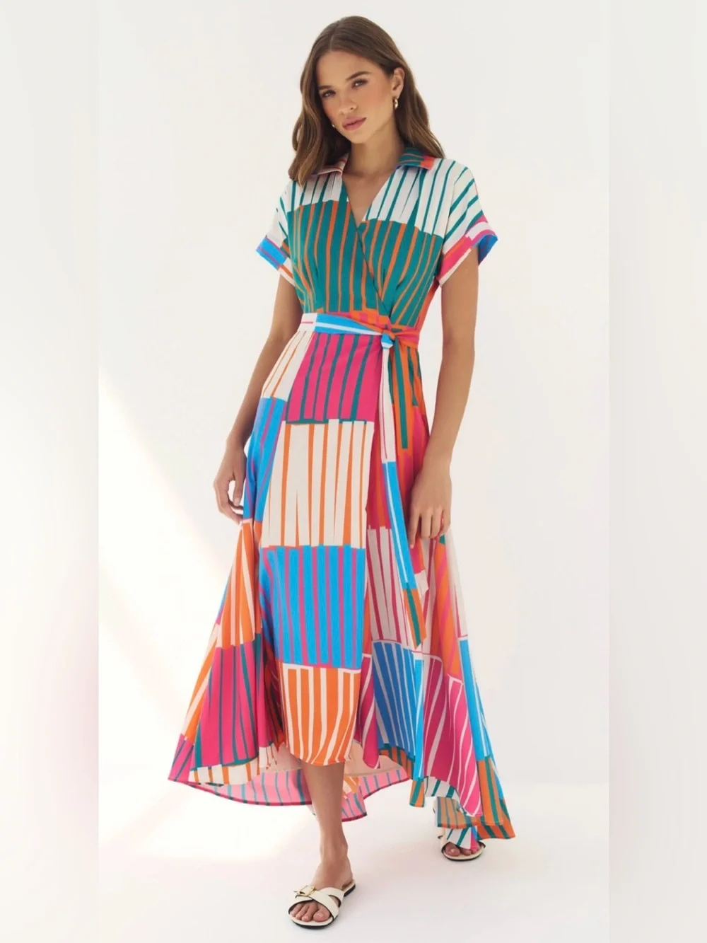 Hutch Johnnie Multicolor Striped Wrap Maxi Dress in Blue, Pink, Orange NWT Sz L - Picture 1 of 7